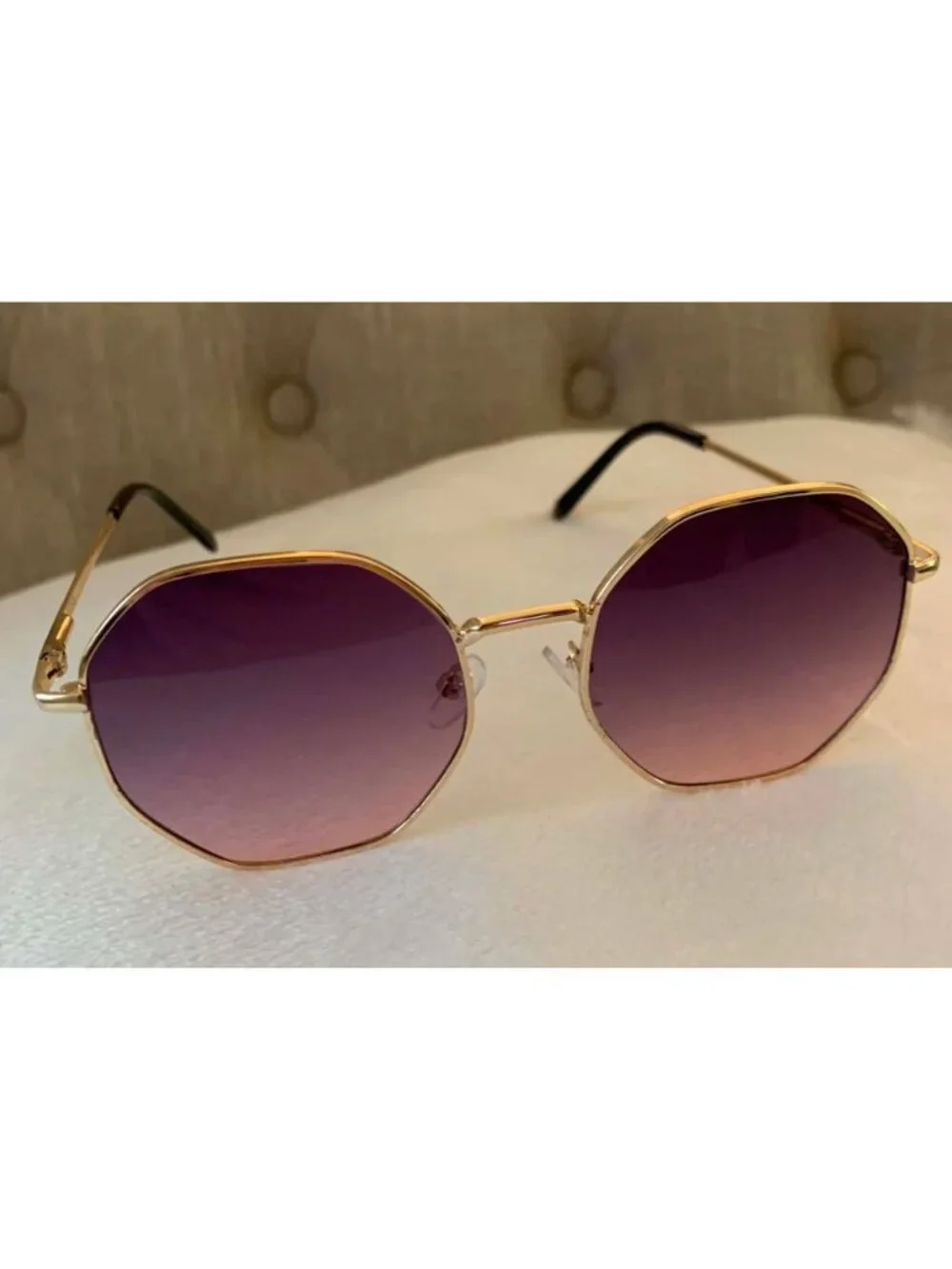 Unisex Octagonal Gold Metal Frame Gradient Purple Lens Sunglasses